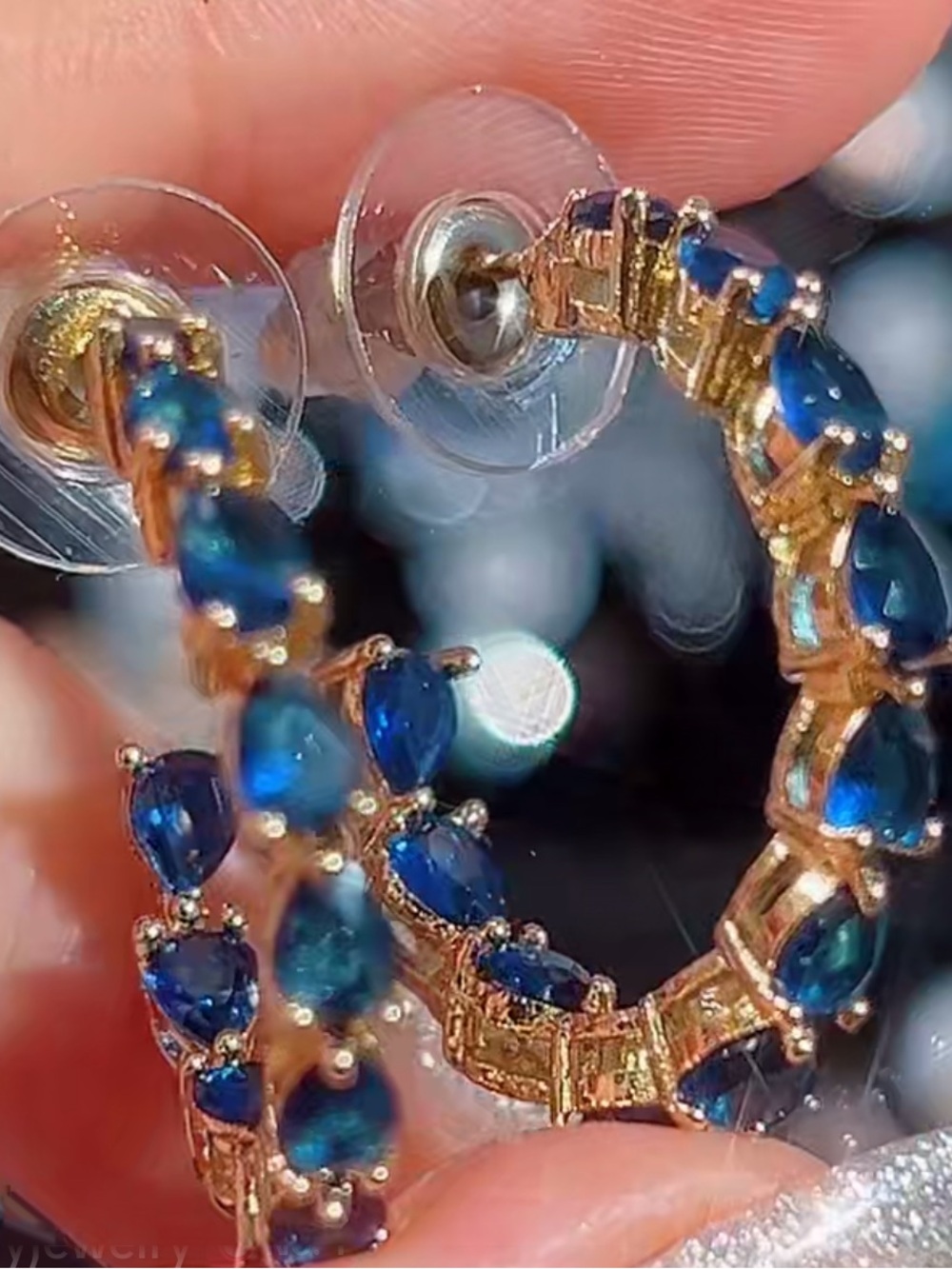 Gold Hoop Earrings with Blue Teardrop Stones - Women Jewelry